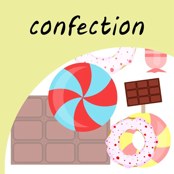 Diferentes dulces fondo colorido. Piruletas, barra de chocolate, caramelos, donut, vector de fondo . — Archivo Imágenes Vectoriales