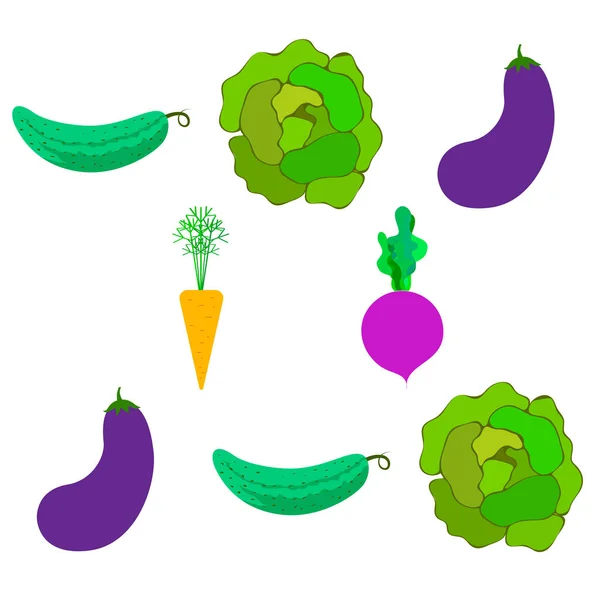 Col, remolacha, zanahoria, berenjena, pepino, verduras frescas. Cartel de alimentos orgánicos. Diseño del mercado de agricultores. Fondo vectorial . — Vector de stock