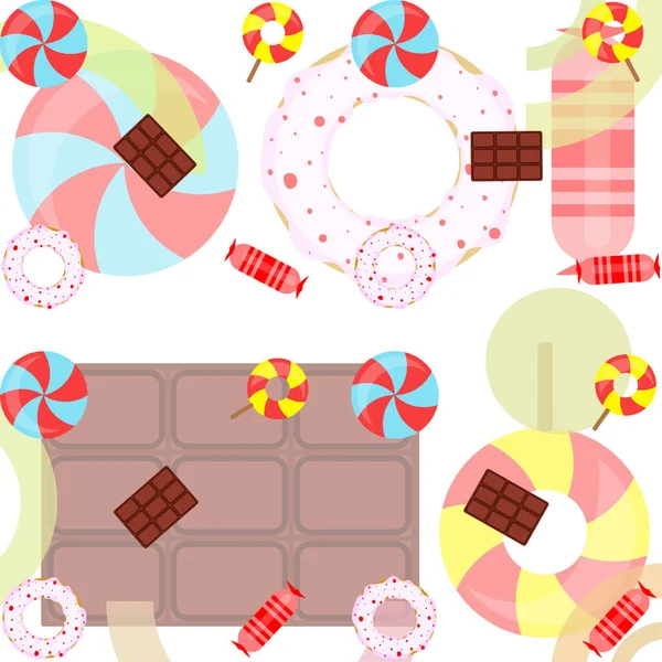 Diferentes dulces fondo colorido. Piruletas, barra de chocolate, caramelos, donut, vector de fondo . — Vector de stock