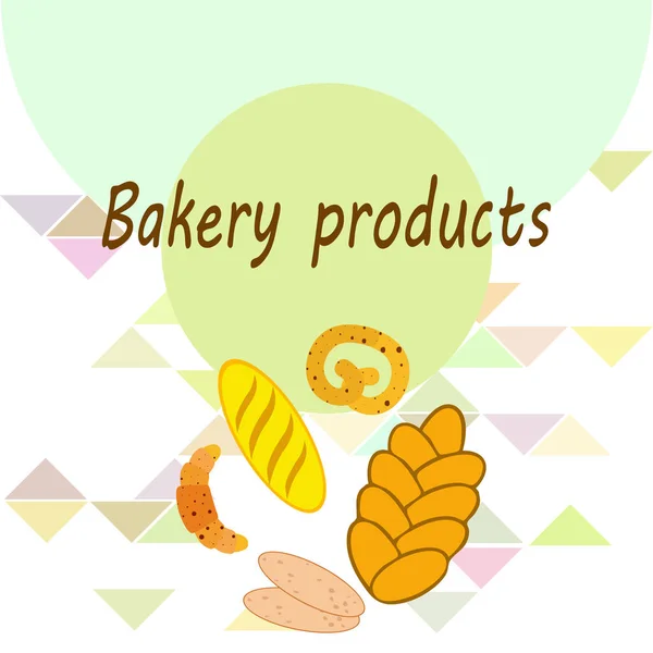 Panadería banner productos, ilustración de vectores. Pan de trigo, pretzel, ciabatta, croissant, baguette francés — Archivo Imágenes Vectoriales