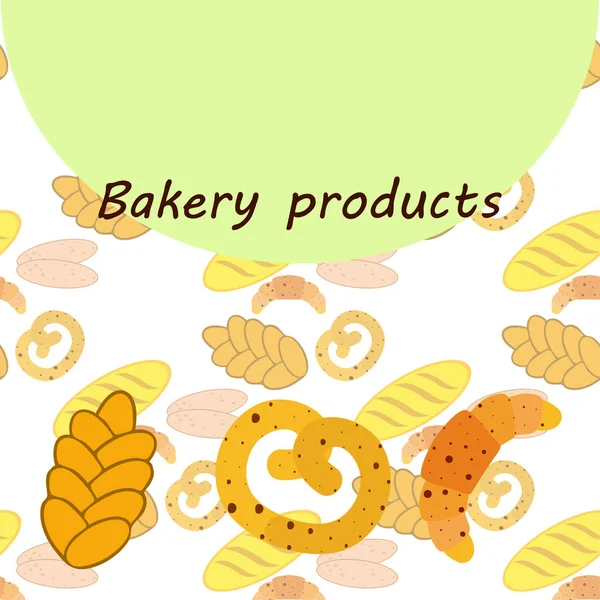 Panificio banner prodotti, illustrazione vettoriale. Pane di grano, pretzel, ciabatta, croissant, baguette alla francese — Vettoriale Stock