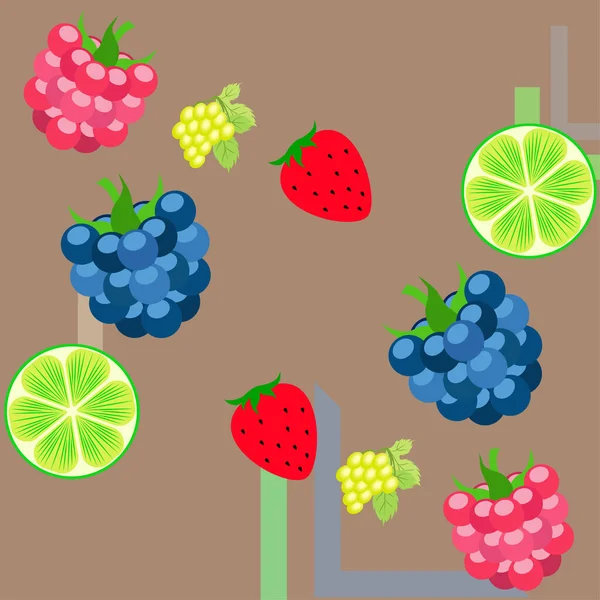 Fruits et baies. icônes colorées de fruits de dessin animé : mûre, framboise, raisin, fraise, citron vert. Fond vectoriel . — Image vectorielle