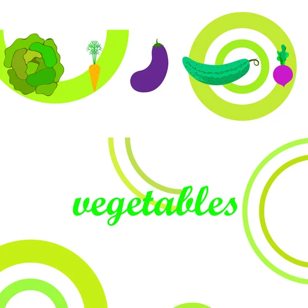 Chou, betterave, carotte, aubergine, concombre, légumes frais. Affiche alimentaire biologique. Aménagement du marché agricole. Fond vectoriel . — Image vectorielle