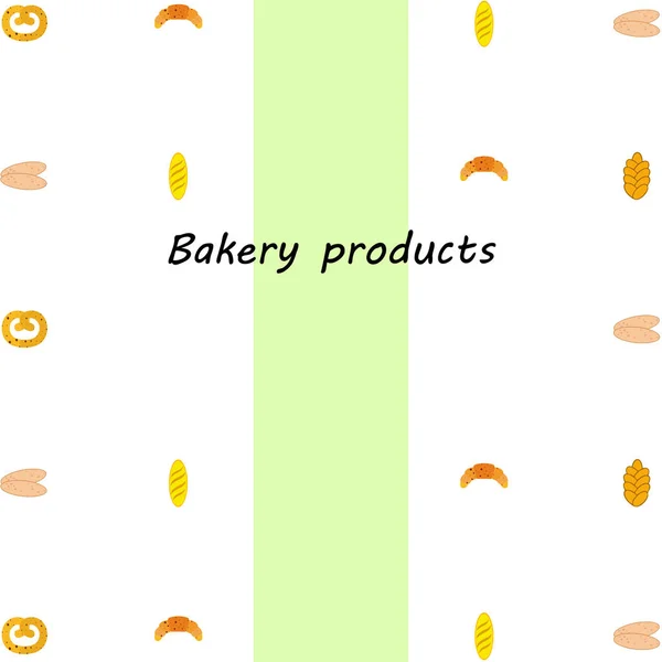 Sütőipari termékek banner, vektor illusztráció. Búza kenyér, perec, ciabatta, croissant, francia bagett — Stock Vector