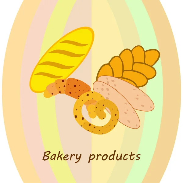 Baner produktów piekarniczych, ilustracja wektorowa. Chleb pszenny, precel, ciabatta, rogalik, bagietka francuska — Wektor stockowy