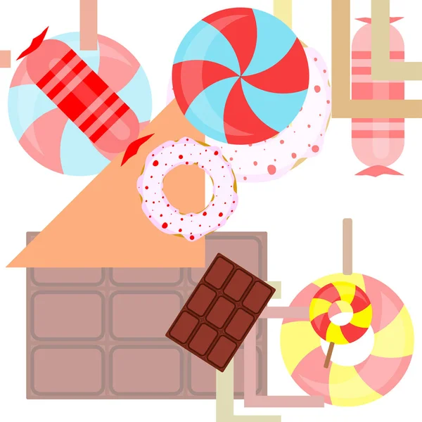 Diferentes dulces fondo colorido. Piruletas, barra de chocolate, caramelos, donut, vector de fondo — Vector de stock