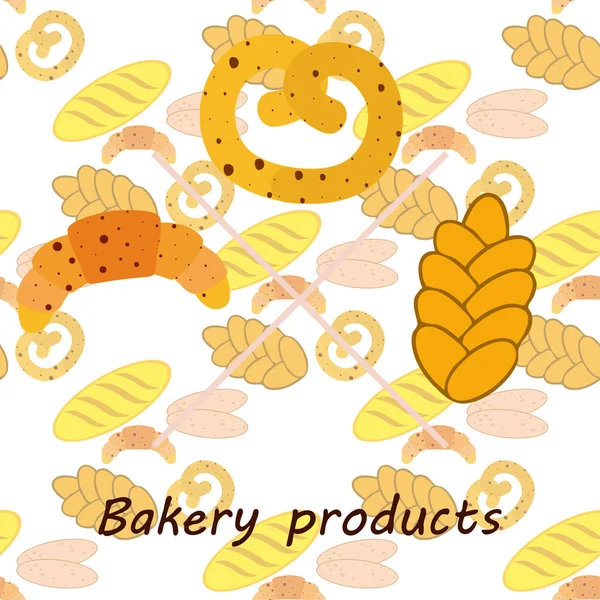 Bakery products banner, vector illustration. Wheat bread, pretzel, ciabatta, croissant, french baguette — Stock Vector