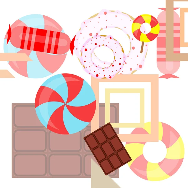 Different sweets colorful background. Lollipops, chocolate bar, candies, donut, vector background — Stock Vector