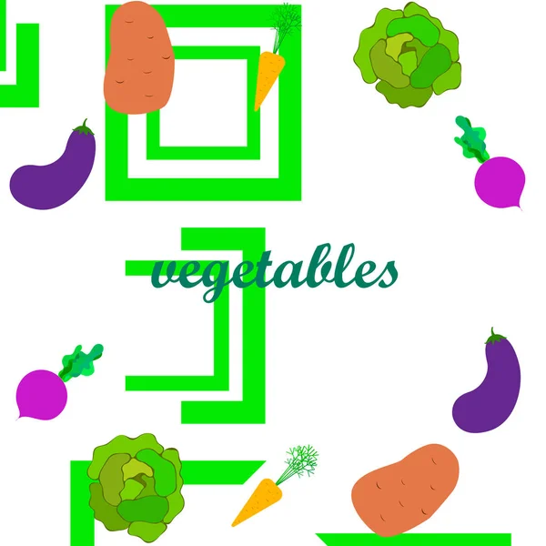 Col, remolacha, zanahorias, berenjenas, patatas, verduras frescas. Cartel de alimentos orgánicos. Diseño del mercado de agricultores. Fondo vectorial . — Vector de stock