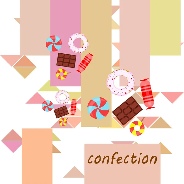 Různé sladkosti barevné pozadí. Lízátka, čokoládová tyčinka, bonbóny, koblihy, vektorové pozadí. — Stockový vektor