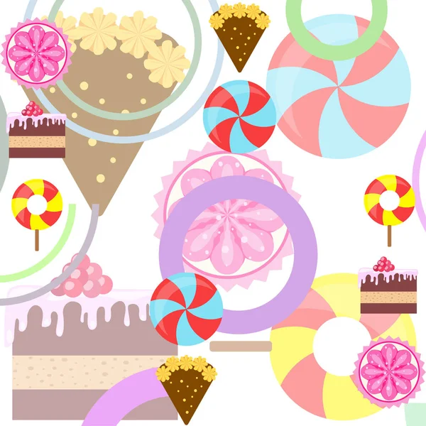 Hjemmebakervektorillustrasjon av bursdagskake, kanelkake og godteri. Designide for plakater, kort og reklame . – stockvektor
