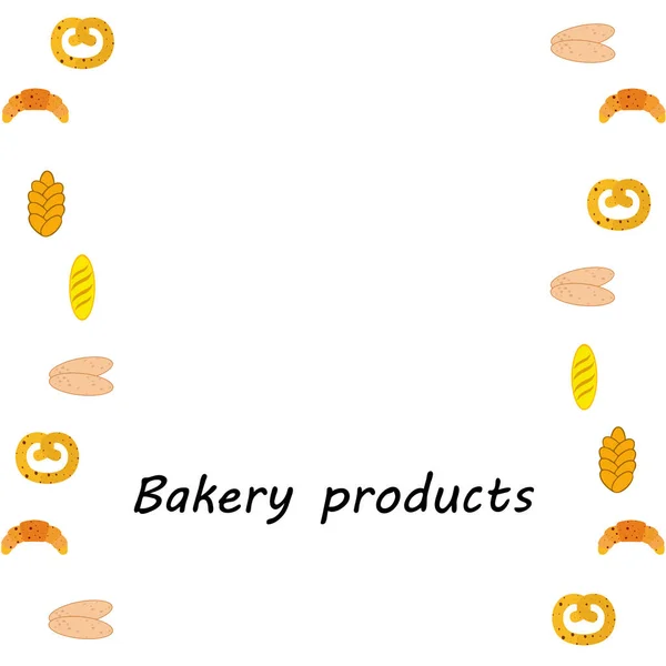 ベーカリー製品バナー、ベクトルイラスト。小麦パン、プレッツェル、シアバッタ、クロワッサン、フランスのバゲット — ストックベクタ