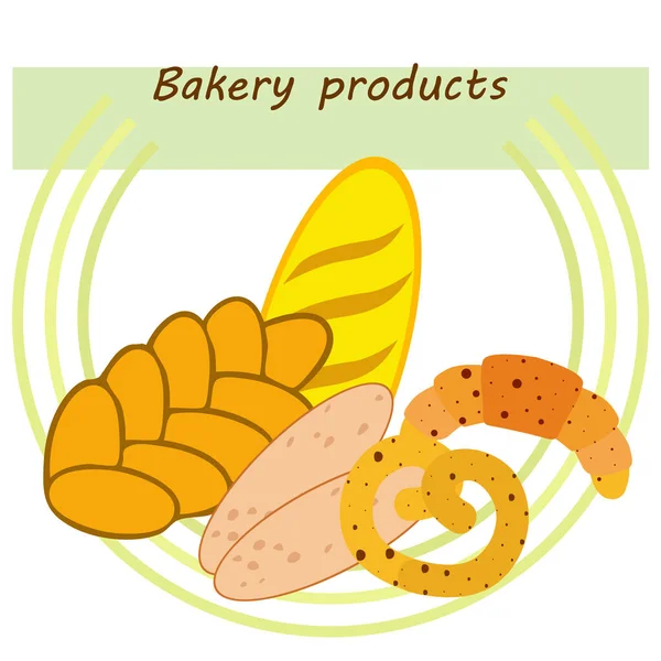 Banner de produtos de padaria, ilustração vetorial. Pão de trigo, pretzel, ciabatta, croissant, baguete francês — Vetor de Stock