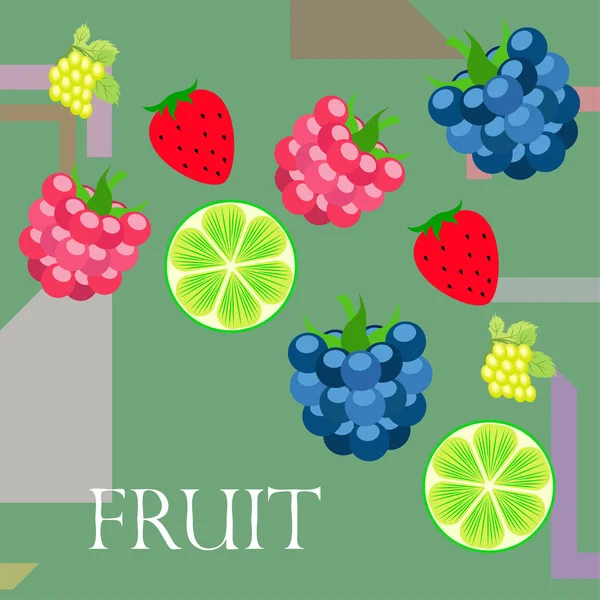 Fruits and berries. Colorful cartoon fruit icons: blackberry, raspberry, grape, strawberr, lime. Vector background. — ストックベクタ