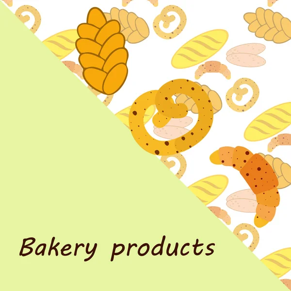 Banner für Backwaren, Vektorillustration. Weizenbrot, Brezel, Ciabatta, Croissant, französisches Baguette — Stockvektor