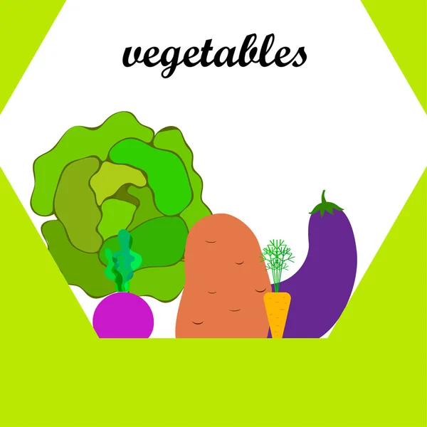 Капуста, буряк, морква, баклажани, картопля, свіжі овочі. Плакат з органічної їжі. Дизайн фермерського ринку. Векторний фон . — стоковий вектор
