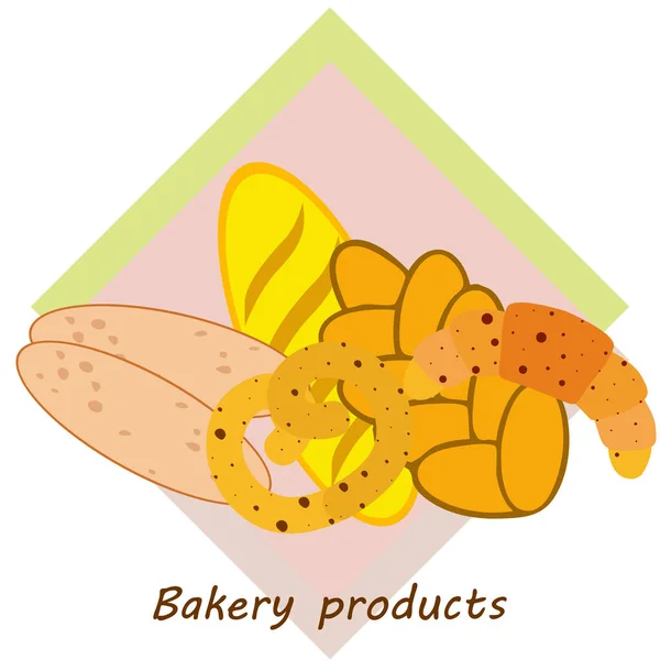 Banner de produtos de padaria, ilustração vetorial. Pão de trigo, pretzel, ciabatta, croissant, baguete francês —  Vetores de Stock