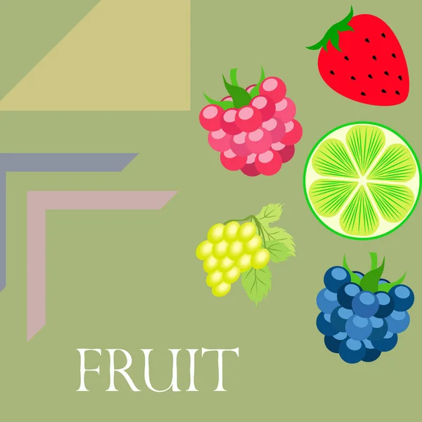 Frutas y bayas. Iconos coloridos de frutas de dibujos animados: mora, frambuesa, uva, fresa, lima. Fondo vectorial . — Vector de stock