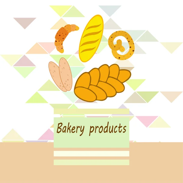 Банер хлібобулочних виробів, векторна ілюстрація. Пшеничний хліб, крендель, чіабата, круасан, французький багет — стоковий вектор