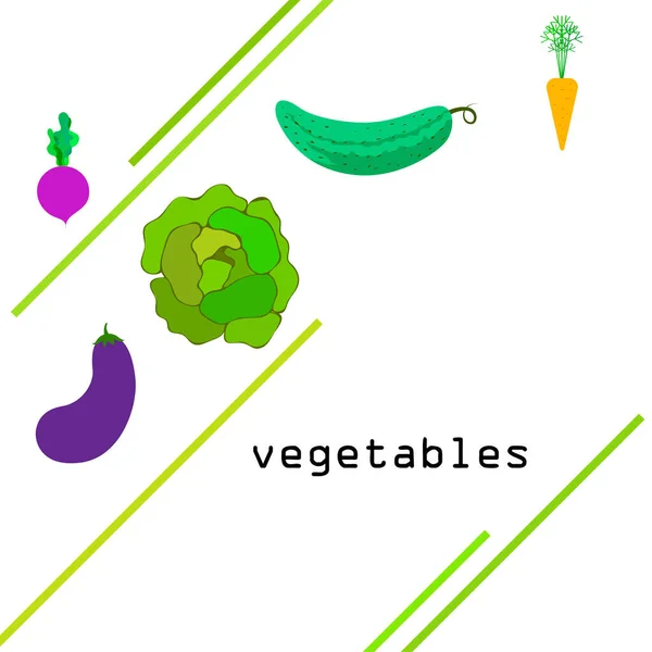 Col, remolacha, zanahoria, berenjena, pepino, verduras frescas. Cartel de alimentos orgánicos. Diseño del mercado de agricultores. Fondo vectorial . — Vector de stock