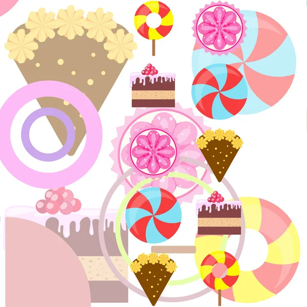 Home bakery vector illustration of birthday cake, capcake and sweets . Design idea for poster, cards and advertisment. — Stock Vector