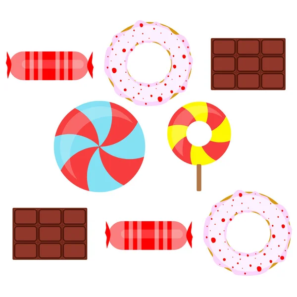 Different sweets colorful background. Lollipops, chocolate bar, candies, donut, vector background — Stock Vector