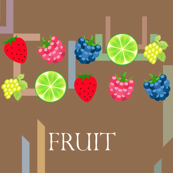 Frutas y bayas. Iconos coloridos de frutas de dibujos animados: mora, frambuesa, uva, fresa, lima. Fondo vectorial . — Vector de stock