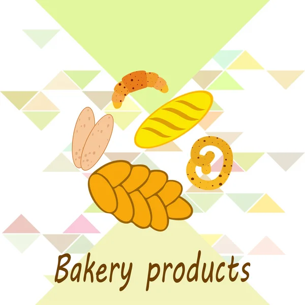 Panificio banner prodotti, illustrazione vettoriale. Pane di grano, pretzel, ciabatta, croissant, baguette alla francese — Vettoriale Stock