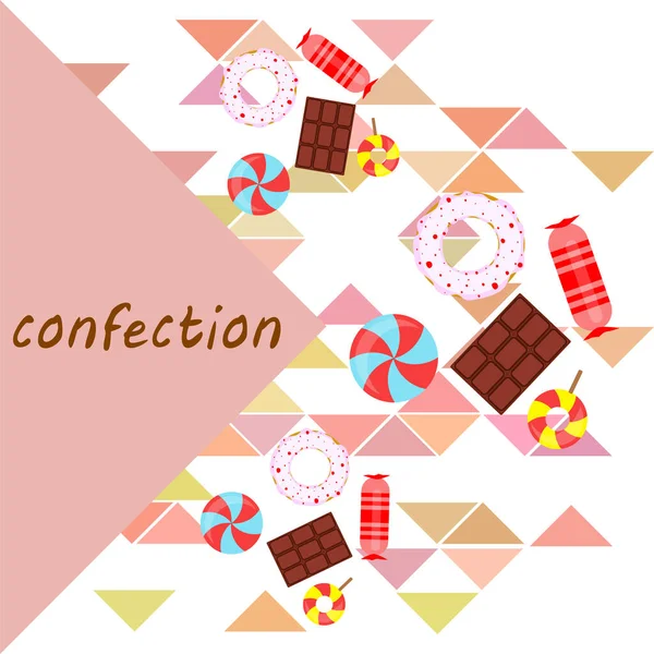 Doces diferentes fundo colorido. Lollipops, barra de chocolate, doces, rosquinha, fundo vetorial . —  Vetores de Stock