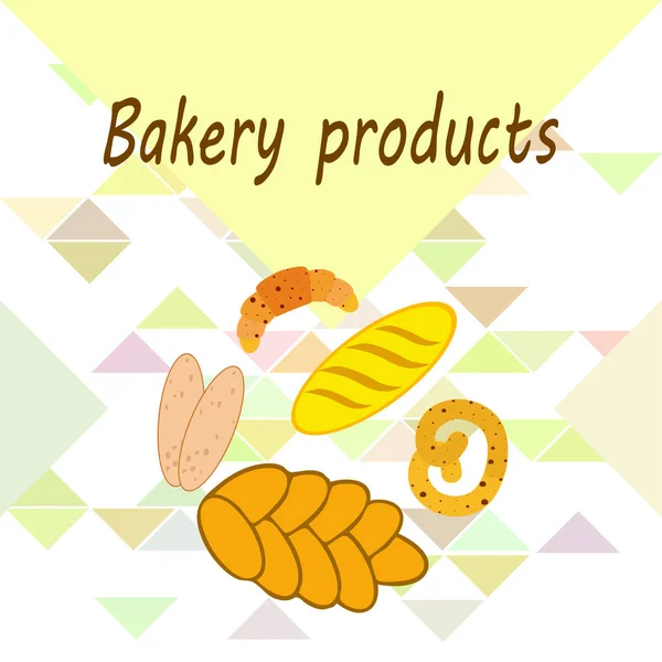 Panadería banner productos, ilustración de vectores. Pan de trigo, pretzel, ciabatta, croissant, baguette francés — Archivo Imágenes Vectoriales