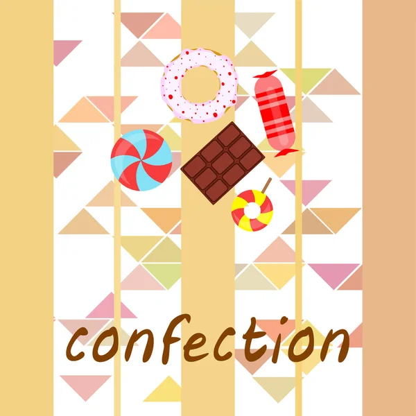 Verschiedene Süßigkeiten bunten Hintergrund. Lutscher, Schokoriegel, Bonbons, Donut, Vektorhintergrund. — Stockvektor