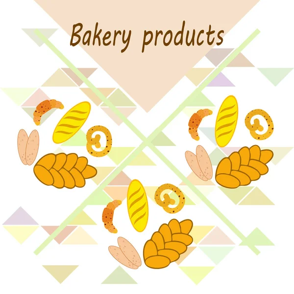 Banner de produtos de padaria, ilustração vetorial. Pão de trigo, pretzel, ciabatta, croissant, baguete francês — Vetor de Stock