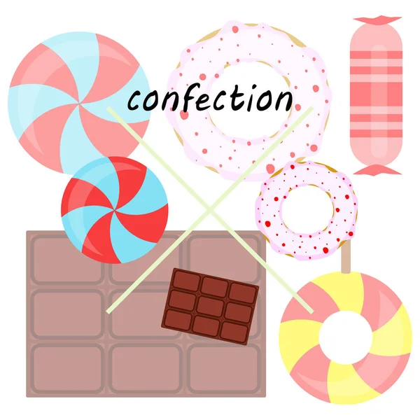 Différents bonbons fond coloré. Sucettes, barre de chocolat, bonbons, beignet, fond vectoriel . — Image vectorielle