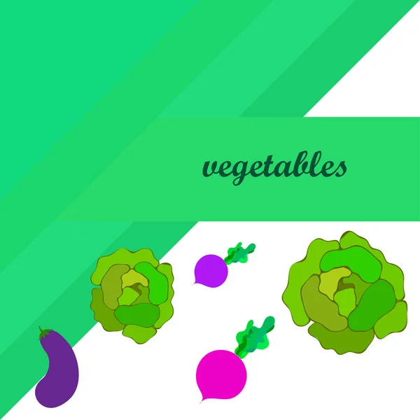 Chou, aubergine, betteraves, légumes frais. Affiche alimentaire biologique. Aménagement du marché agricole. Fond vectoriel . — Image vectorielle