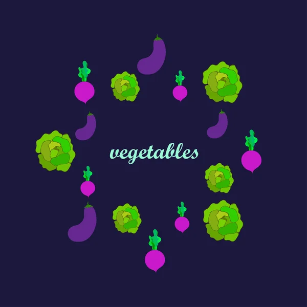 Kool, aubergine, bieten, verse groenten. Biologisch voedsel poster. Landbouwmarktordening. Vectorachtergrond. — Stockvector
