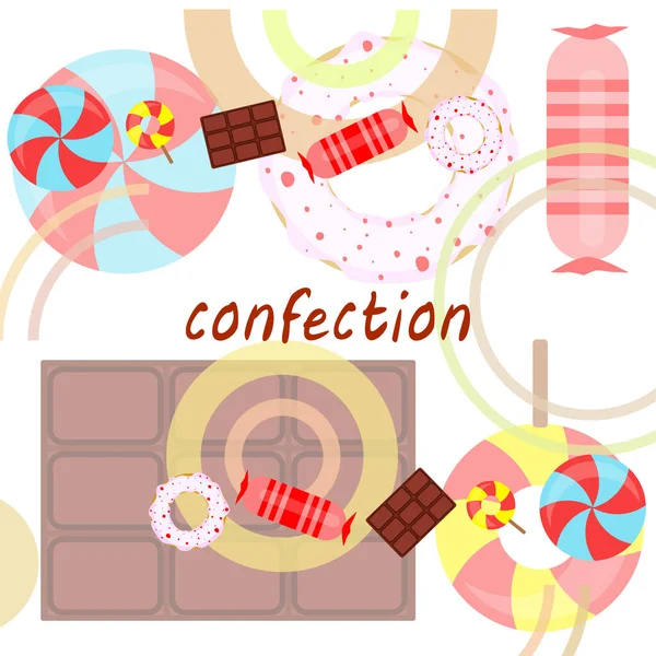 Doces diferentes fundo colorido. Lollipops, barra de chocolate, doces, rosquinha, fundo vetorial . —  Vetores de Stock