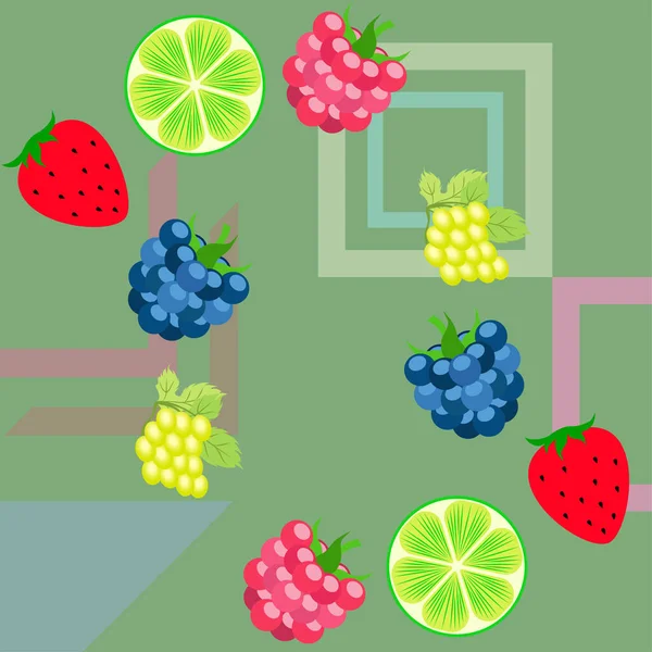 Früchte und Beeren. bunte Comic-Frucht-Ikonen: Brombeere, Himbeere, Traube, Erdbeere, Limette. Vektorhintergrund. — Stockvektor