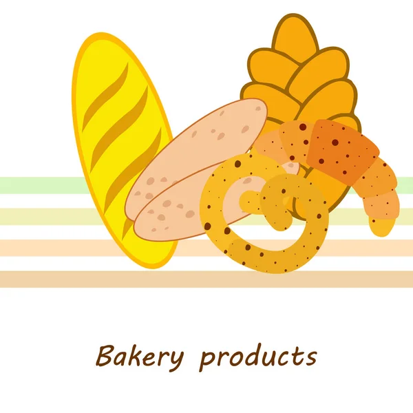 Banner de produtos de padaria, ilustração vetorial. Pão de trigo, pretzel, ciabatta, croissant, baguete francês — Vetor de Stock