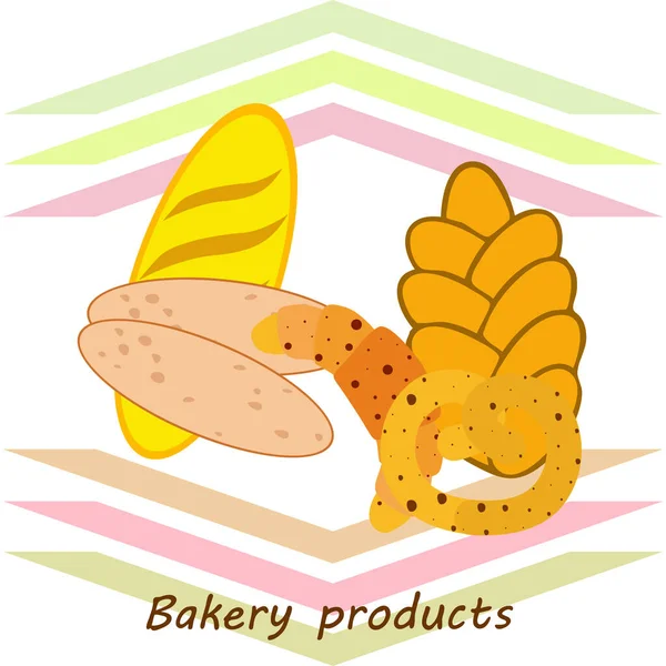 Bageri produkter banner, vektor illustration. Vetebröd, kringla, ciabatta, croissant, fransk baguette — Stock vektor