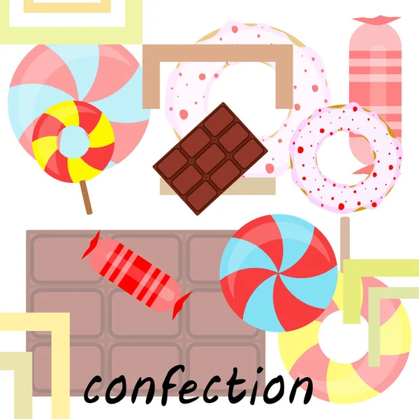 Verschillende snoepjes kleurrijke achtergrond. Lollipops, chocoladereep, snoepjes, donut, vectorachtergrond — Stockvector