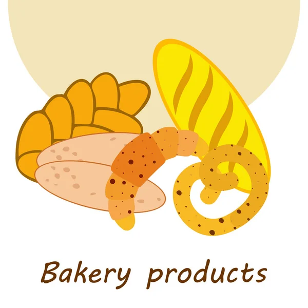 Banner de produtos de padaria, ilustração vetorial. Pão de trigo, pretzel, ciabatta, croissant, baguete francês — Vetor de Stock