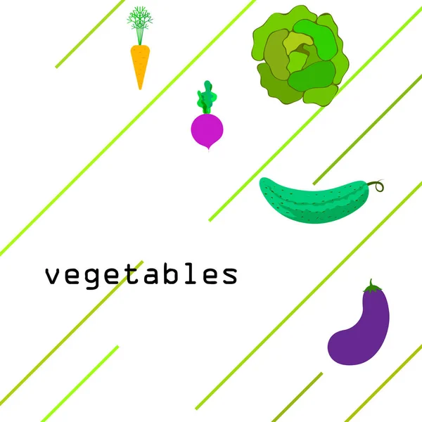 Col, remolacha, zanahoria, berenjena, pepino, verduras frescas. Cartel de alimentos orgánicos. Diseño del mercado de agricultores. Fondo vectorial . — Archivo Imágenes Vectoriales