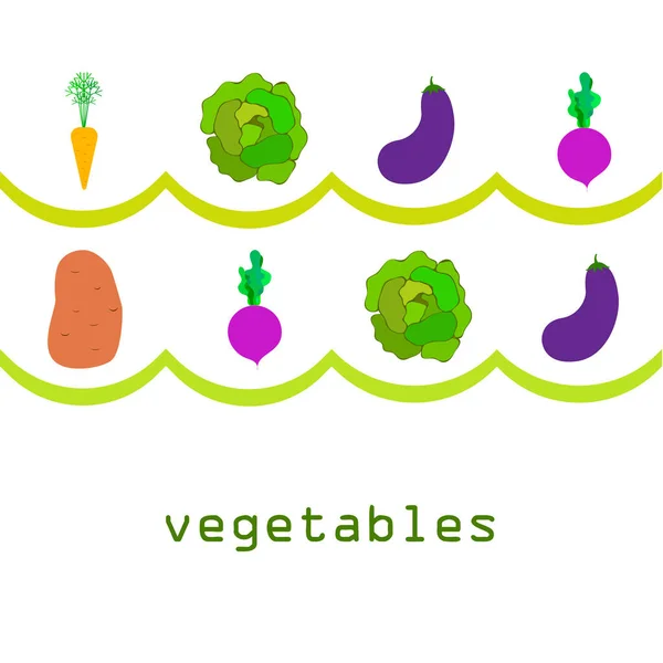 Kohl, Rüben, Karotten, Auberginen, Kartoffeln, frisches Gemüse. Plakat mit Bio-Lebensmitteln. Bauernmarktgestaltung. Vektorhintergrund. — Stockvektor