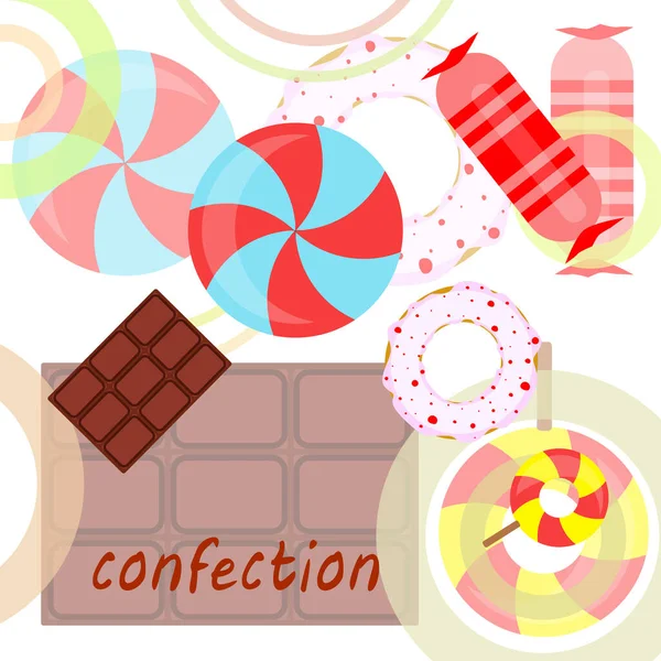 Forskellige slik farverig baggrund. Slikkepinde, chokoladebar, slik, donut, vektorbaggrund . – Stock-vektor