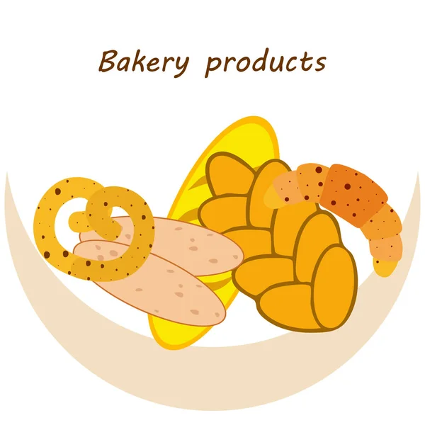 Banner de produtos de padaria, ilustração vetorial. Pão de trigo, pretzel, ciabatta, croissant, baguete francês — Vetor de Stock