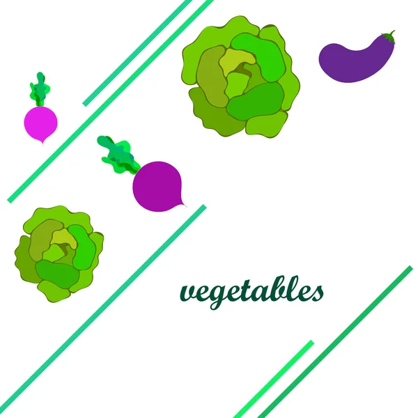 Kool, aubergine, bieten, verse groenten. Biologisch voedsel poster. Landbouwmarktordening. Vectorachtergrond. — Stockvector