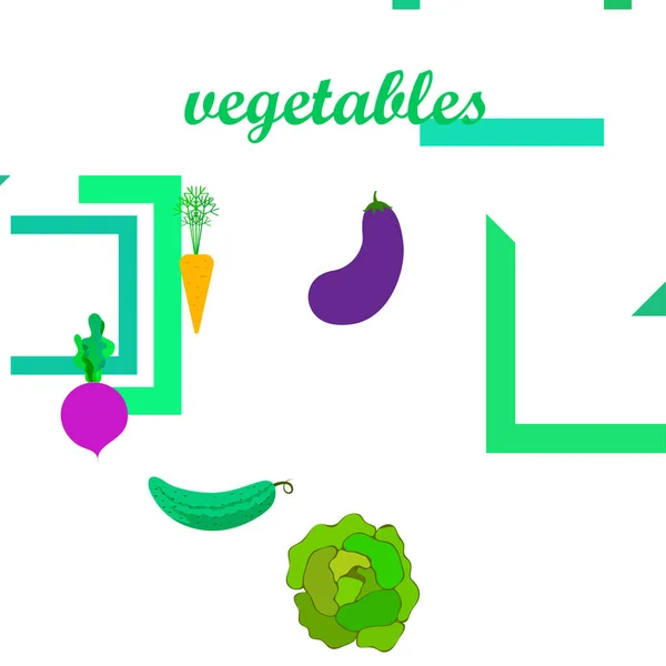 Col, remolacha, zanahoria, berenjena, pepino, verduras frescas. Cartel de alimentos orgánicos. Diseño del mercado de agricultores. Fondo vectorial . — Vector de stock