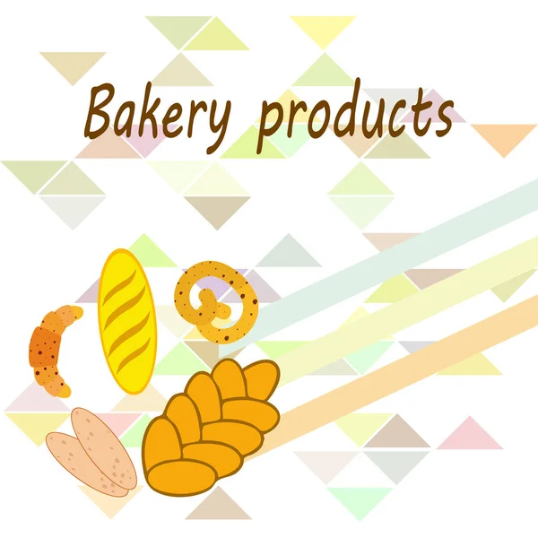 Banner de produtos de padaria, ilustração vetorial. Pão de trigo, pretzel, ciabatta, croissant, baguete francês — Vetor de Stock