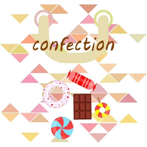 Doces diferentes fundo colorido. Lollipops, barra de chocolate, doces, rosquinha, fundo vetorial . —  Vetores de Stock