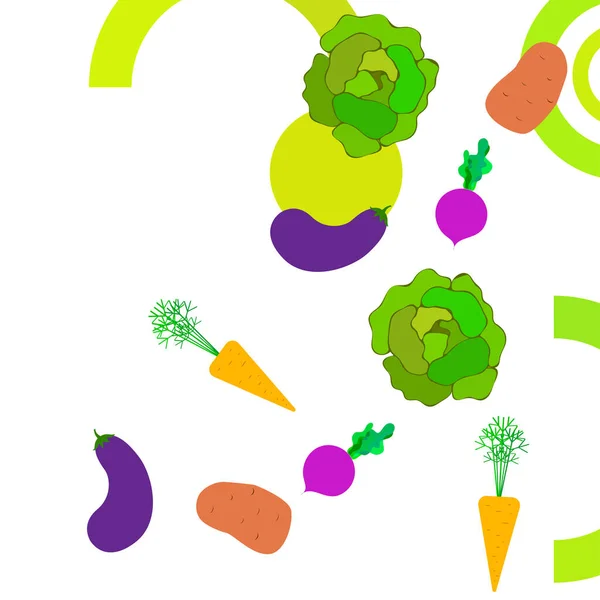 Kapusta, buraki, marchew, bakłażany, ziemniaki, świeże warzywa. Plakat z jedzeniem ekologicznym. Projekt rynku rolnego. Tło wektorowe. — Wektor stockowy